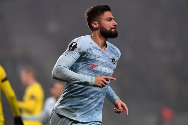 Chelsea's French striker Olivier Giroud celebrates after scoring a goal during the UEFA Europa League group L football match between FC BATE Borisov and Chelsea FC in Borisov outside Minsk on November 8, 2018. (Photo by Kirill KUDRYAVTSEV / AFP)        (Photo credit should read KIRILL KUDRYAVTSEV/AFP/Getty Images)