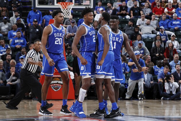 INDIANAPOLIS, IN - NOVEMBER 06: Cam Reddish #2 of the Duke Blue Devils celebrates with RJ Barrett #5, Zion Williamson #1 and Marques Bolden #20 during the State Farm Champions Classic against the Kentucky Wildcats at Bankers Life Fieldhouse on November 6, 2018 in Indianapolis, Indiana. Duke defeated Kentucky 118-84. (Photo by Joe Robbins/Getty Images)