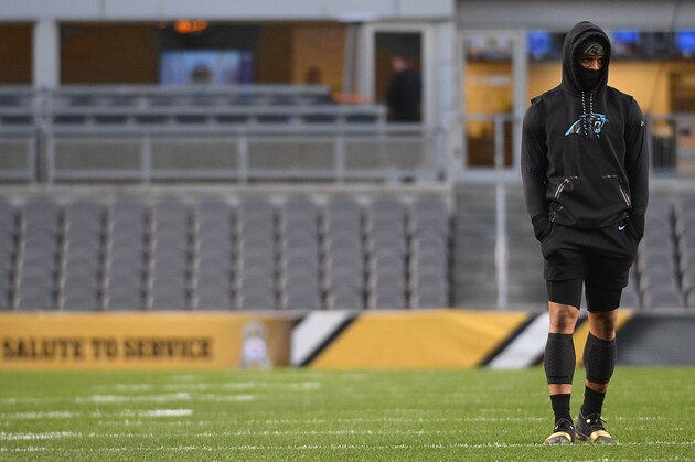 PITTSBURGH, PA - NOVEMBER 08: Cam Newton #1 of the Carolina Panthers walks the field before the game against the Pittsburgh Steelers at Heinz Field on November 8, 2018 in Pittsburgh, Pennsylvania. (Photo by Justin Berl/Getty Images)