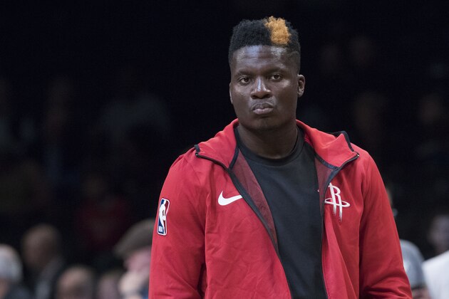 Houston Rockets center Clint Capela warms up before the first half of an NBA basketball game against the Brooklyn Nets, Friday, Nov. 2, 2018, in New York. (AP Photo/Mary Altaffer)