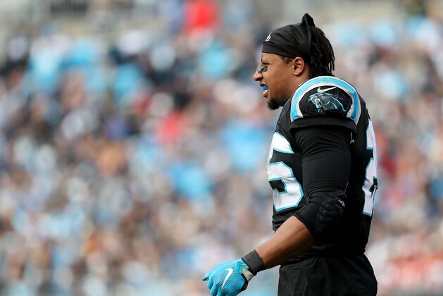 CHARLOTTE, NC - NOVEMBER 04:  Eric Reid #25 of the Carolina Panthers looks on against the Tampa Bay Buccaneers in the fourth quarter during their game at Bank of America Stadium on November 4, 2018 in Charlotte, North Carolina.  (Photo by Streeter Lecka/Getty Images)