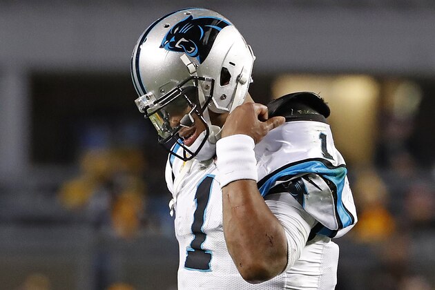 Carolina Panthers quarterback Cam Newton (1) walks off the field after being sacked during the second half of an NFL football game against the Pittsburgh Steelers in Pittsburgh, Thursday, Nov. 8, 2018. The Steelers won 52-21. (AP Photo/Don Wright)