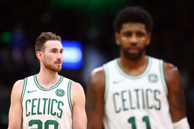 BOSTON, MA - OCTOBER 22:  Gordon Hayward #20 and Kyrie Irving #11 of the Boston Celtics look on during a game against the Orlando Magic at TD Garden on October 22, 2018 in Boston, Massachusetts. NOTE TO USER: User expressly acknowledges and agrees that, by downloading and or using this photograph, User is consenting to the terms and conditions of the Getty Images License Agreement. (Photo by Adam Glanzman/Getty Images)