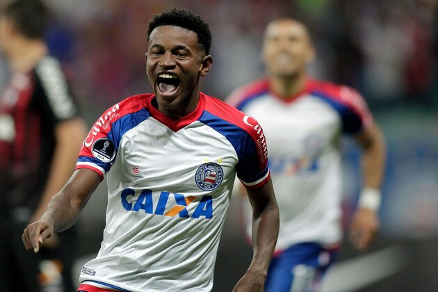 Brazil's Bahia Ramires celebrates a goal which was later cancelled by the VAR during their Copa Sudamericana football match against Brazil's Atletico Paranaense at Arena Fonte Nova stadium, in Salvador, Brazil on October 24, 2018. (Photo by Arisson MARINHO / AFP)        (Photo credit should read ARISSON MARINHO/AFP/Getty Images)