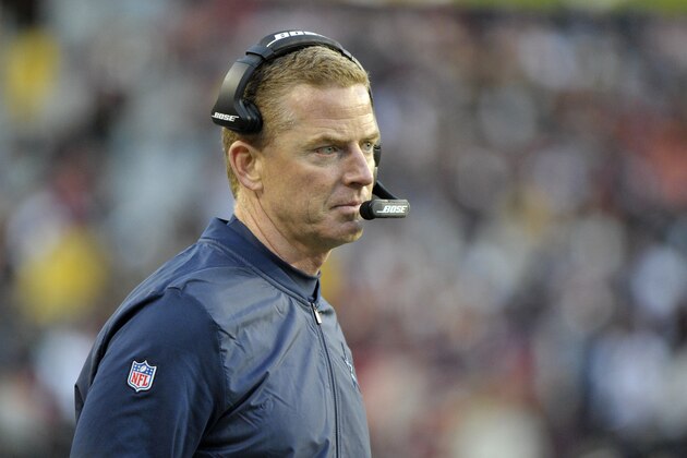 Dallas Cowboys head coach Jason Garrett looks onto the field during an NFL football game against the Washington Redskins, Sunday, Oct. 21, 2018, in Landover, Md. (AP Photo/Mark Tenally)