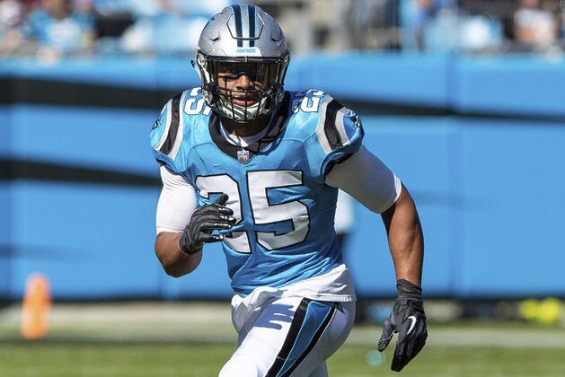 Carolina Panthers' Eric Reid (25) drops back to defend during an NFL football game against the Baltimore Ravens in Charlotte, N.C., Sunday, Oct. 28, 2018. (AP Photo/Ben McKeown)