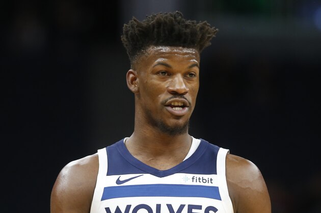 Minnesota Timberwolves' Jimmy Butler plays against the Indiana Pacers in the first half of an NBA basketball game Monday, Oct. 22, 2018, in Minneapolis. (AP Photo/Jim Mone)