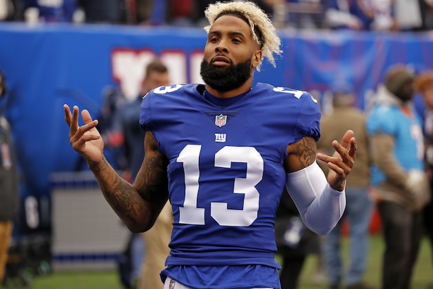 FILE - In this Oct. 28, 2018, file photo, New York Giants wide receiver Odell Beckham (13) gestures before an NFL football game against the Washington Redskins in East Rutherford, N.J. Beckham Jr. is hopeful that his 1-7 team can win the final eight games of the season and somehow sneak into the playoffs. (AP Photo/Adam Hunger, File)
