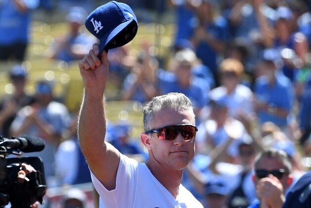 LOS ANGELES, CA - SEPTEMBER 23:  Chase Utley #26 of the Los Angeles Dodgers tips his hat to the crowd as he got a standing ovation before the game against the San Diego Padres at Dodger Stadium on September 23, 2018 in Los Angeles, California.  (Photo by Jayne Kamin-Oncea/Getty Images)