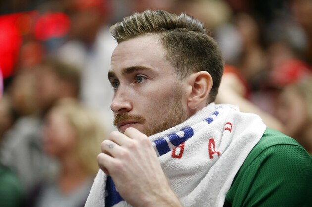 Boston Celtics forward Gordon Hayward sits on the bench during the second half of the team's NBA basketball game against the Utah Jazz on Friday Nov. 9, 2018, in Salt Lake City. (AP Photo/Rick Bowmer)