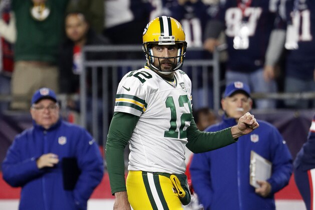 Green Bay Packers quarterback Aaron Rodgers after a touchdown during an NFL football game against the New England Patriots at Gillette Stadium, Sunday, Nov. 4, 2018 in Foxborough, Mass. (Winslow Townson/AP Images for Panini)
