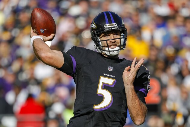 BALTIMORE, MD - NOVEMBER 04: Joe Flacco #5 of the Baltimore Ravens drops back to pass against the Pittsburgh Steelers during the second quarter at M&T Bank Stadium on November 4, 2018 in Baltimore, Maryland. (Photo by Scott Taetsch/Getty Images)