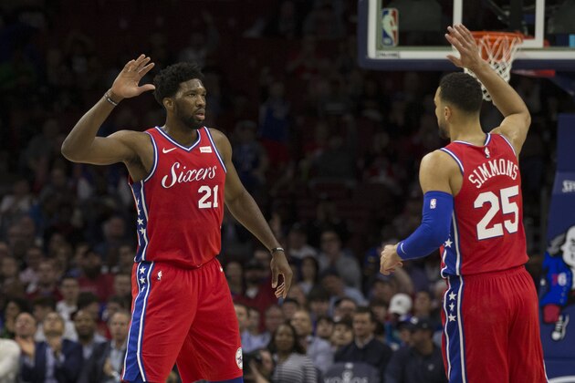 PHILADELPHIA, PA - NOVEMBER 1: Joel Embiid #21 of the Philadelphia 76ers high fives Ben Simmons #25 against the LA Clippers at the Wells Fargo Center on November 1, 2018 in Philadelphia, Pennsylvania. NOTE TO USER: User expressly acknowledges and agrees that, by downloading and or using this photograph, User is consenting to the terms and conditions of the Getty Images License Agreement. (Photo by Mitchell Leff/Getty Images)