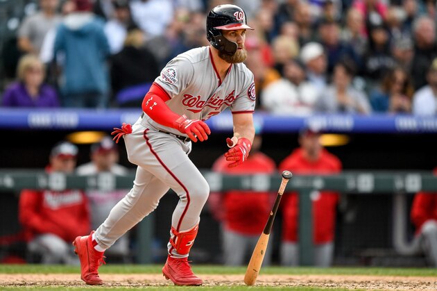 DENVER, CO - SEPTEMBER 30:  Bryce Harper #34 of the Washington Nationals runs out a ninth inning double against the Colorado Rockies at Coors Field on September 30, 2018 in Denver, Colorado.  (Photo by Dustin Bradford/Getty Images)