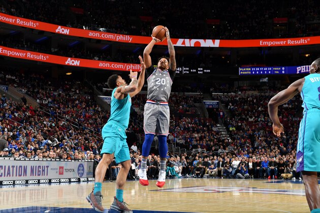 PHILADELPHIA, PA - NOVEMBER 9: Markelle Fultz #20 of the Philadelphia 76ers shoots the ball against the Charlotte Hornets on November 9, 2018 at Wells Fargo Center in Philadelphia, Pennsylvania. NOTE TO USER: User expressly acknowledges and agrees that, by downloading and/or using this photograph, user is consenting to the terms and conditions of the Getty Images License Agreement. Mandatory Copyright Notice: Copyright 2018 NBAE (Photo by Jesse D. Garrabrant/NBAE via Getty Images)