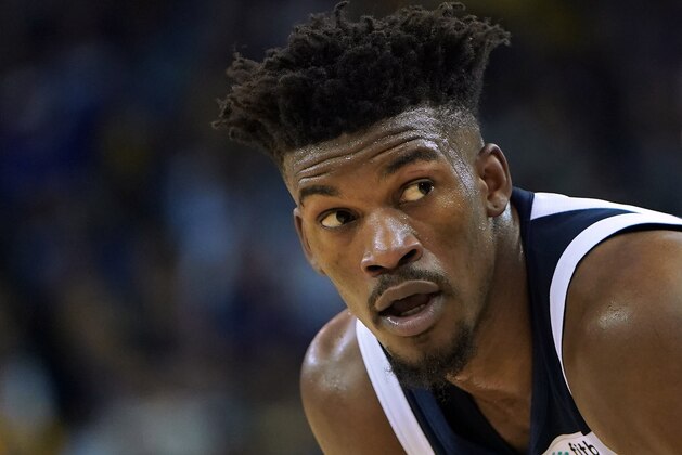 OAKLAND, CA - NOVEMBER 02:  Jimmy Butler #23 of the Minnesota Timberwolves looks on against the Golden State Warriors during an NBA basketball game at ORACLE Arena on November 2, 2018 in Oakland, California. NOTE TO USER: User expressly acknowledges and agrees that, by downloading and or using this photograph, User is consenting to the terms and conditions of the Getty Images License Agreement.  (Photo by Thearon W. Henderson/Getty Images)