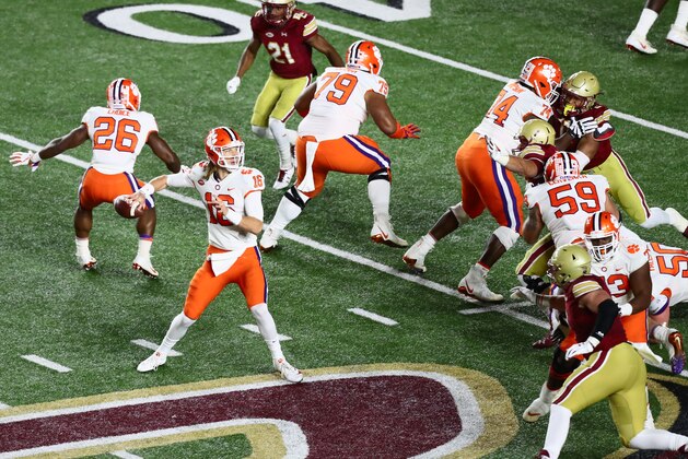 CHESTNUT HILL, MA - NOVEMBER 10:  Quarterback Trevor Lawrence #16 of the Clemson Tigers looks to pass during the second quarter of the game against the Boston College Eagles at Alumni Stadium on November 10, 2018 in Chestnut Hill, Massachusetts.  (Photo by Omar Rawlings/Getty Images)