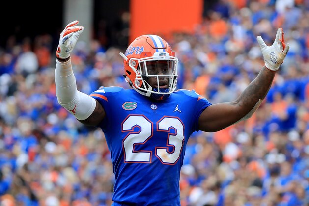 GAINESVILLE, FLORIDA - NOVEMBER 10: Chauncey Gardner-Johnson #23 of the Florida Gators asks the crowd for noise during the game against the South Carolina Gamecocks at Ben Hill Griffin Stadium on November 10, 2018 in Gainesville, Florida. (Photo by Sam Greenwood/Getty Images)