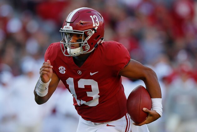 TUSCALOOSA, AL - NOVEMBER 10:  Tua Tagovailoa #13 of the Alabama Crimson Tide rushes against the Mississippi State Bulldogs at Bryant-Denny Stadium on November 10, 2018 in Tuscaloosa, Alabama.  (Photo by Kevin C. Cox/Getty Images)
