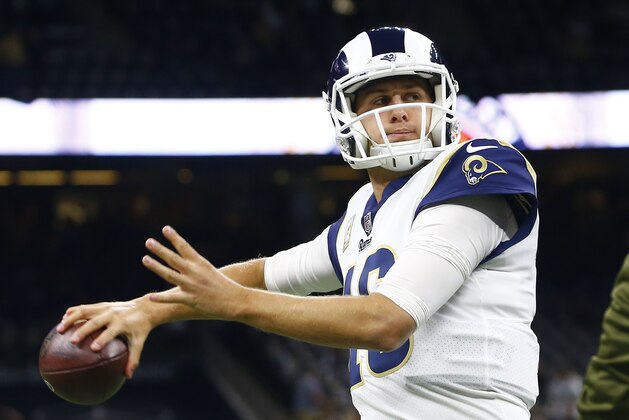 Los Angeles Rams quarterback Jared Goff (16) warms up before an NFL football game against the New Orleans Saints in New Orleans, Sunday, Nov. 4, 2018. (AP Photo/Butch Dill)