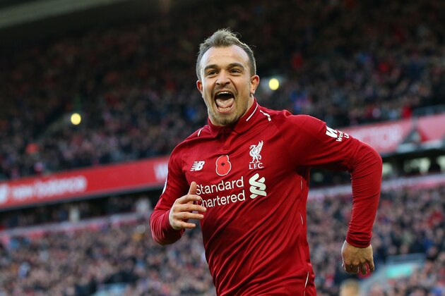 LIVERPOOL, ENGLAND - NOVEMBER 11:  Xherdan Shaqiri of Liverpool celebrates after scoring his team's second goal during the Premier League match between Liverpool FC and Fulham FC at Anfield on November 11, 2018 in Liverpool, United Kingdom.  (Photo by Alex Livesey/Getty Images)