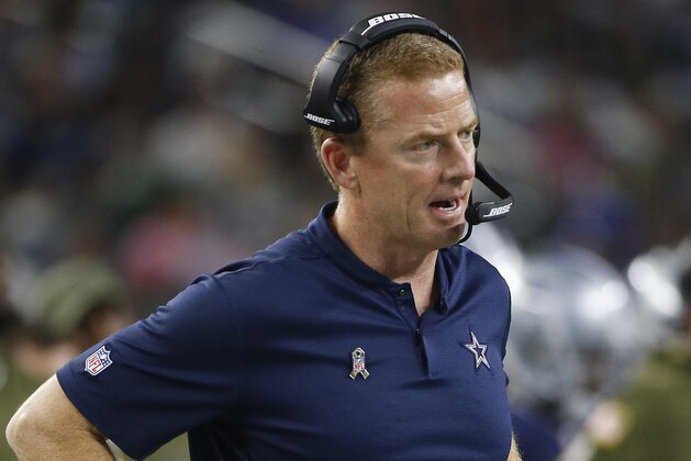 Dallas Cowboys head coach Jason Garrett watches play on the turf against the Tennessee Titans during the first half of an NFL football game, Monday, Nov. 5, 2018, in Arlington, Texas. (AP Photo/Ron Jenkins)