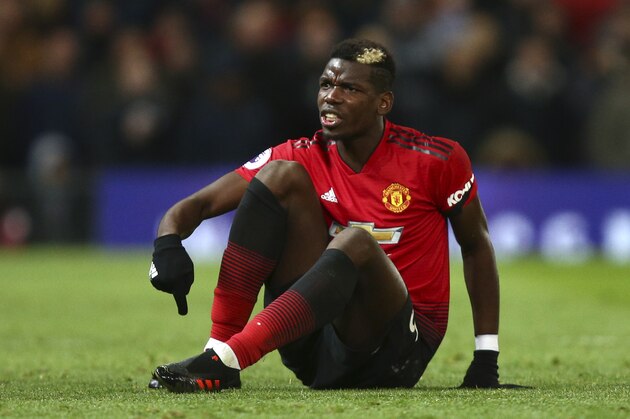 Manchester United's Paul Pogba points to his foot after a foul during the English Premier League soccer match between Manchester United and Everton FC at Old Trafford in Manchester, England, Sunday Oct. 28, 2018. (AP Photo/Dave Thompson) Manchester United's Paul Pogba points to his foot after a foul during the English Premier League soccer match between Manchester United and Everton FC at Old Trafford in Manchester, England, Sunday Oct. 28, 2018. (AP Photo/Dave Thompson)