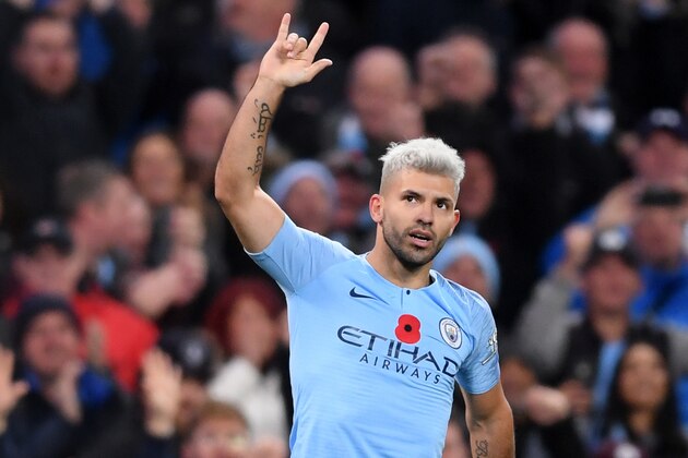 MANCHESTER, ENGLAND - NOVEMBER 11: Sergio Aguero of Manchester City celebrates after scoring his team's second goal during the Premier League match between Manchester City and Manchester United at Etihad Stadium on November 11, 2018 in Manchester, United Kingdom. (Photo by Laurence Griffiths/Getty Images) MANCHESTER, ENGLAND - NOVEMBER 11: Sergio Aguero of Manchester City celebrates after scoring his team's second goal during the Premier League match between Manchester City and Manchester United at Etihad Stadium on November 11, 2018 in Manchester, United Kingdom. (Photo by Laurence Griffiths/Getty Images)