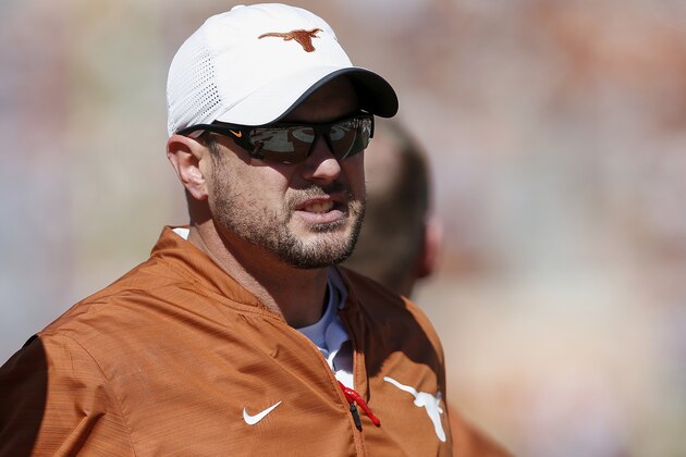 AUSTIN, TX - NOVEMBER 03:  Head coach Tom Herman of the Texas Longhorns  watches players warm up before the game against the West Virginia Mountaineers at Darrell K Royal-Texas Memorial Stadium on November 3, 2018 in Austin, Texas.  (Photo by Tim Warner/Getty Images)