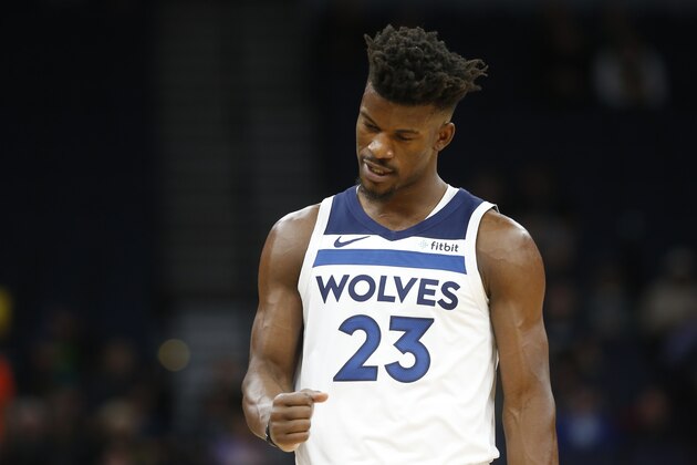Minnesota Timberwolves' Jimmy Butler plays against the Indiana Pacers in the first half of an NBA basketball game Tuesday, Oct. 22, 2018, in Minneapolis. (AP Photo/Jim Mone)