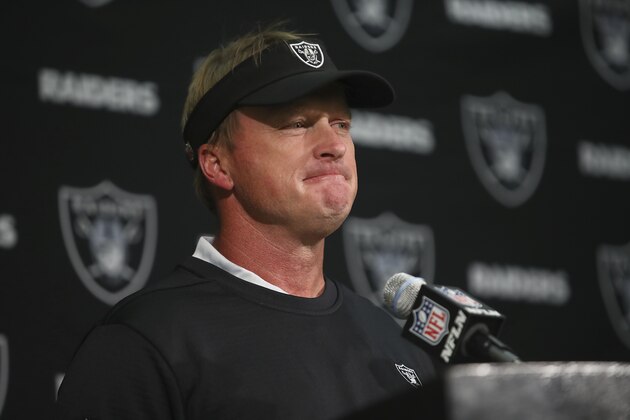 Oakland Raiders head coach Jon Gruden speaks at a news conference after an NFL football game against the Los Angeles Chargers in Oakland, Calif., Sunday, Nov. 11, 2018. (AP Photo/Ben Margot)