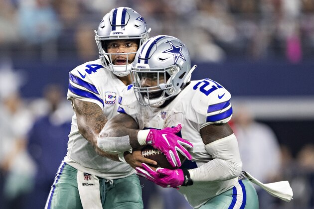 ARLINGTON, TX - OCTOBER 14:  Dak Prescott #4 hands off the ball to Ezekiel Elliott #21 of the Dallas Cowboys during a game against the Jacksonville Jaguars at AT&T Stadium on October 14, 2018 in Arlington, Texas.  The Cowboys defeated the Jaguars 40-7.  (Photo by Wesley Hitt/Getty Images)