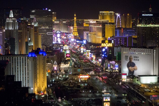 The Las Vegas Strip and skyline including various hotels and casinos are seen at night in Las Vegas, Nevada, in this photograph taken October 18, 2016. / AFP / SAUL LOEB        (Photo credit should read SAUL LOEB/AFP/Getty Images)