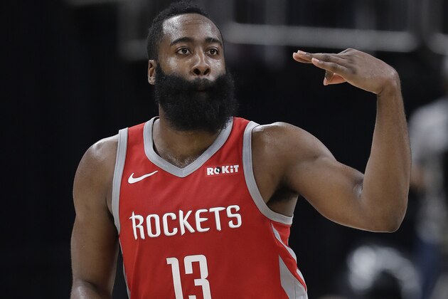 Houston Rockets' James Harden reacts after hitting a three-point basket during the second half of an NBA basketball game against the Indiana Pacers, Monday, Nov. 5, 2018, in Indianapolis. Houston won 98-94. (AP Photo/Darron Cummings)