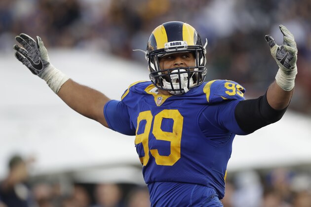 Los Angeles Rams defensive end Aaron Donald celebrates after a fumble by the against the Seattle Seahawks during the second half in an NFL football game Sunday, Nov. 11, 2018, in Los Angeles. (AP Photo/Alex Gallardo)