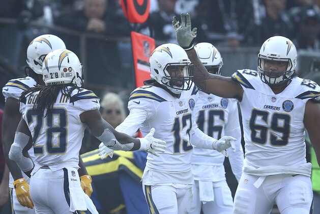 Los Angeles Chargers wide receiver Keenan Allen (13) is congratulated by teammates after scoring against the Oakland Raiders during the first half of an NFL football game in Oakland, Calif., Sunday, Nov. 11, 2018. (AP Photo/Ben Margot) Los Angeles Chargers wide receiver Keenan Allen (13) is congratulated by teammates after scoring against the Oakland Raiders during the first half of an NFL football game in Oakland, Calif., Sunday, Nov. 11, 2018. (AP Photo/Ben Margot)