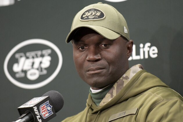 New York Jets head coach Todd Bowles answers questions during a news conference after an NFL football game against the Buffalo Bills, Sunday, Nov. 11, 2018, in East Rutherford, N.J. (AP Photo/Bill Kostroun)