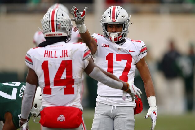 EAST LANSING, MI - NOVEMBER 10: Kamryn Babb #17 of the Ohio State Buckeyes reacts to a first half first down while playing the Michigan State Spartans at Spartan Stadium on November 10, 2018 in East Lansing, Michigan. (Photo by Gregory Shamus/Getty Images)