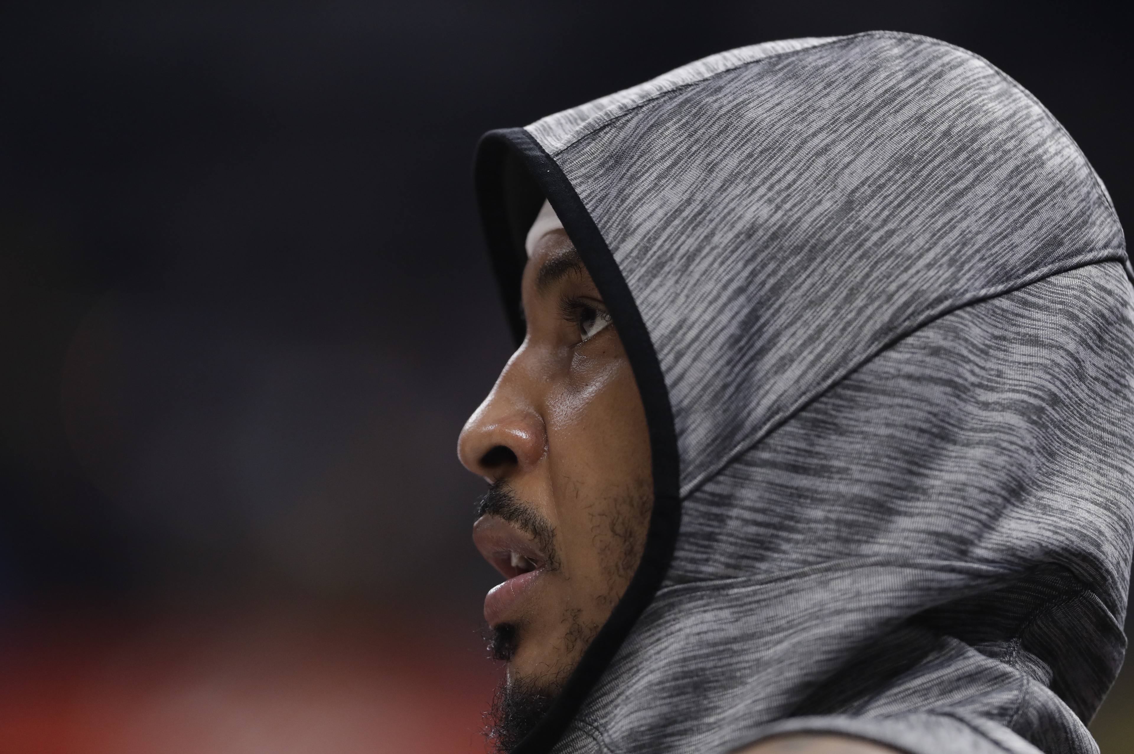 Houston Rockets' Carmelo Anthony watches during the first half of an NBA basketball game against the Indiana Pacers, Monday, Nov. 5, 2018, in Indianapolis. (AP Photo/Darron Cummings)