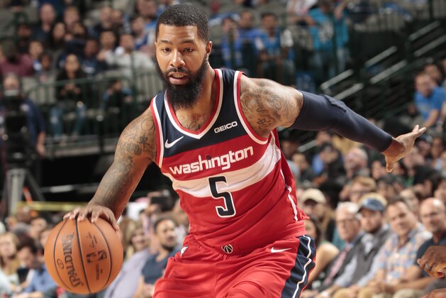 DALLAS, TX - NOVEMBER 6: Washington Wizards forward Markieff Morris #5 drives to the basket during the game against the Dallas Mavericks on October 6, 2018 at the American Airlines Center in Dallas, Texas. NOTE TO USER: User expressly acknowledges and agrees that, by downloading and or using this photograph, User is consenting to the terms and conditions of the Getty Images License Agreement. Mandatory Copyright Notice: Copyright 2018 NBAE (Photo by Glenn James/NBAE via Getty Images)