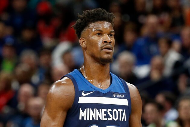 Minnesota Timberwolves' Jimmy Butler plays against the Houston Rockets in the first half during Game 3 of an NBA basketball first round playoff series Saturday, April 21, 2018, in Minneapolis. (AP Photo/Jim Mone)