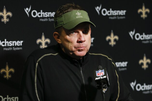 New Orleans Saints head coach Sean Payton speaks to reporters after winning their NFL football game against the Cincinnati Bengals, Sunday, Nov. 11, 2018, in Cincinnati. (AP Photo/Frank Victores)