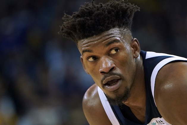 OAKLAND, CA - NOVEMBER 02:  Jimmy Butler #23 of the Minnesota Timberwolves looks on against the Golden State Warriors during an NBA basketball game at ORACLE Arena on November 2, 2018 in Oakland, California. NOTE TO USER: User expressly acknowledges and agrees that, by downloading and or using this photograph, User is consenting to the terms and conditions of the Getty Images License Agreement.  (Photo by Thearon W. Henderson/Getty Images)