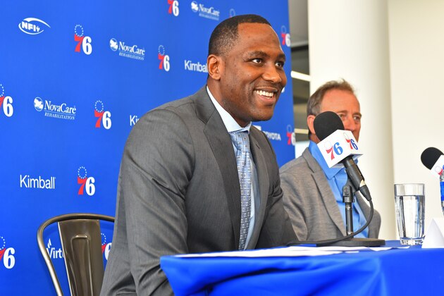 PHILADELPHIA. PA - SEPTEMBER 20:  Josh Harris, owner of the Philadelphia 76ers, introduces Elton Brand as the new General Manager during a press conference at the Wells Fargo Center in Philadelphia, Pennsylvania on September 20, 2018. NOTE TO USER: User expressly acknowledges and agrees that, by downloading and/or using this photograph, user is consenting to the terms and conditions of the Getty Images License Agreement. Mandatory Copyright Notice: Copyright 2018 NBAE (Photo by Jesse D. Garrabrant/NBAE via Getty Images)