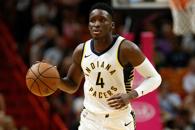 MIAMI, FL - NOVEMBER 09:  Victor Oladipo #4 of the Indiana Pacers dribbles with the ball against the Miami Heat during the second half at American Airlines Arena on November 9, 2018 in Miami, Florida. NOTE TO USER: User expressly acknowledges and agrees that, by downloading and or using this photograph, User is consenting to the terms and conditions of the Getty Images License Agreement.  (Photo by Michael Reaves/Getty Images)