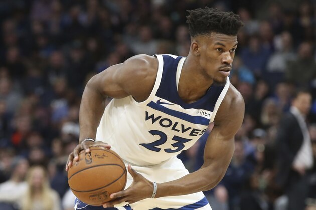 Minnesota Timberwolves' Jimmy Butler plays against the Los Angeles Lakers in the first half of an NBA basketball game Thursday, Feb. 15, 2018, in Minneapolis. (AP Photo/Jim Mone) Minnesota Timberwolves' Jimmy Butler plays against the Los Angeles Lakers in the first half of an NBA basketball game Thursday, Feb. 15, 2018, in Minneapolis. (AP Photo/Jim Mone)