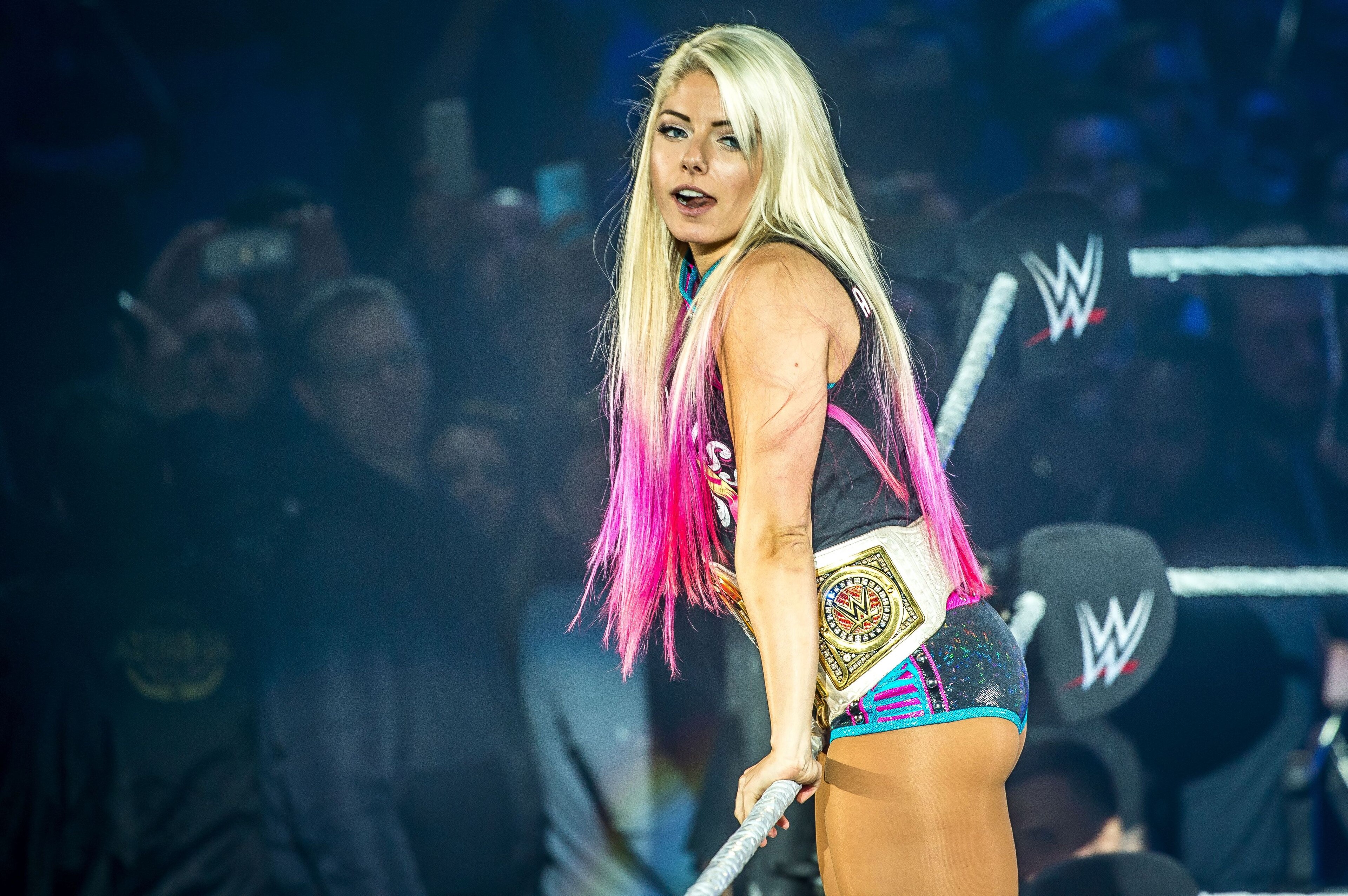 Alexa Bliss gestures in the ring during the WWE show at Zenith Arena on may 09, 2017 in Lille, France. / AFP PHOTO / PHILIPPE HUGUEN        (Photo credit should read PHILIPPE HUGUEN/AFP/Getty Images)