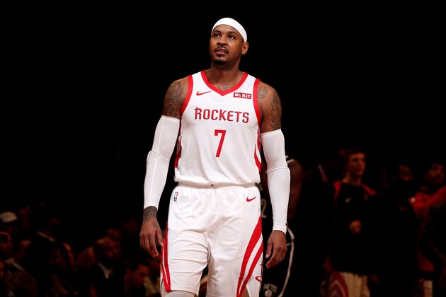 NEW YORK, NY - NOVEMBER 2: Carmelo Anthony #7 of the Houston Rockets looks on against the Brooklyn Nets on November 2, 2018 at Madison Square Garden in New York City, New York.  NOTE TO USER: User expressly acknowledges and agrees that, by downloading and or using this photograph, User is consenting to the terms and conditions of the Getty Images License Agreement. Mandatory Copyright Notice: Copyright 2018 NBAE  (Photo by Nathaniel S. Butler/NBAE via Getty Images)