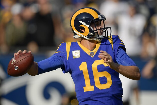 Los Angeles Rams quarterback Jared Goff passes against the Seattle Seahawks during the first half in an NFL football game Sunday, Nov. 11, 2018, in Los Angeles. (AP Photo/Mark J. Terrill)