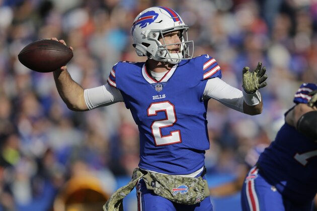 Buffalo Bills quarterback Nathan Peterman (2) throws a pass during the first half of an NFL football game against the Chicago Bears Sunday, Nov. 4, 2018, in Orchard Park, N.Y. (AP Photo/Jeffrey T. Barnes)